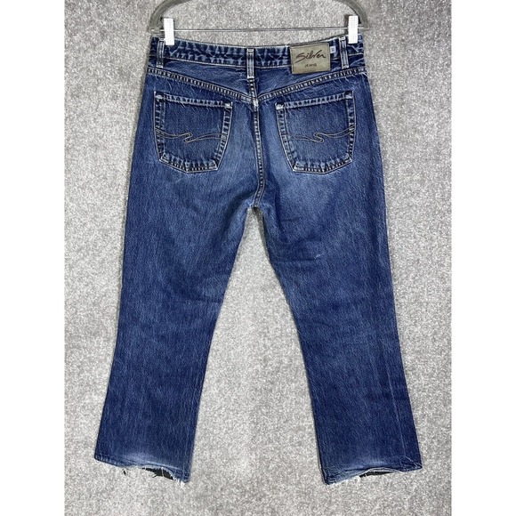 Vintage Silver Button Fly Distressed Bootcut Jeans Mens Size 32x28 Blue Denim - Picture 2 of 16